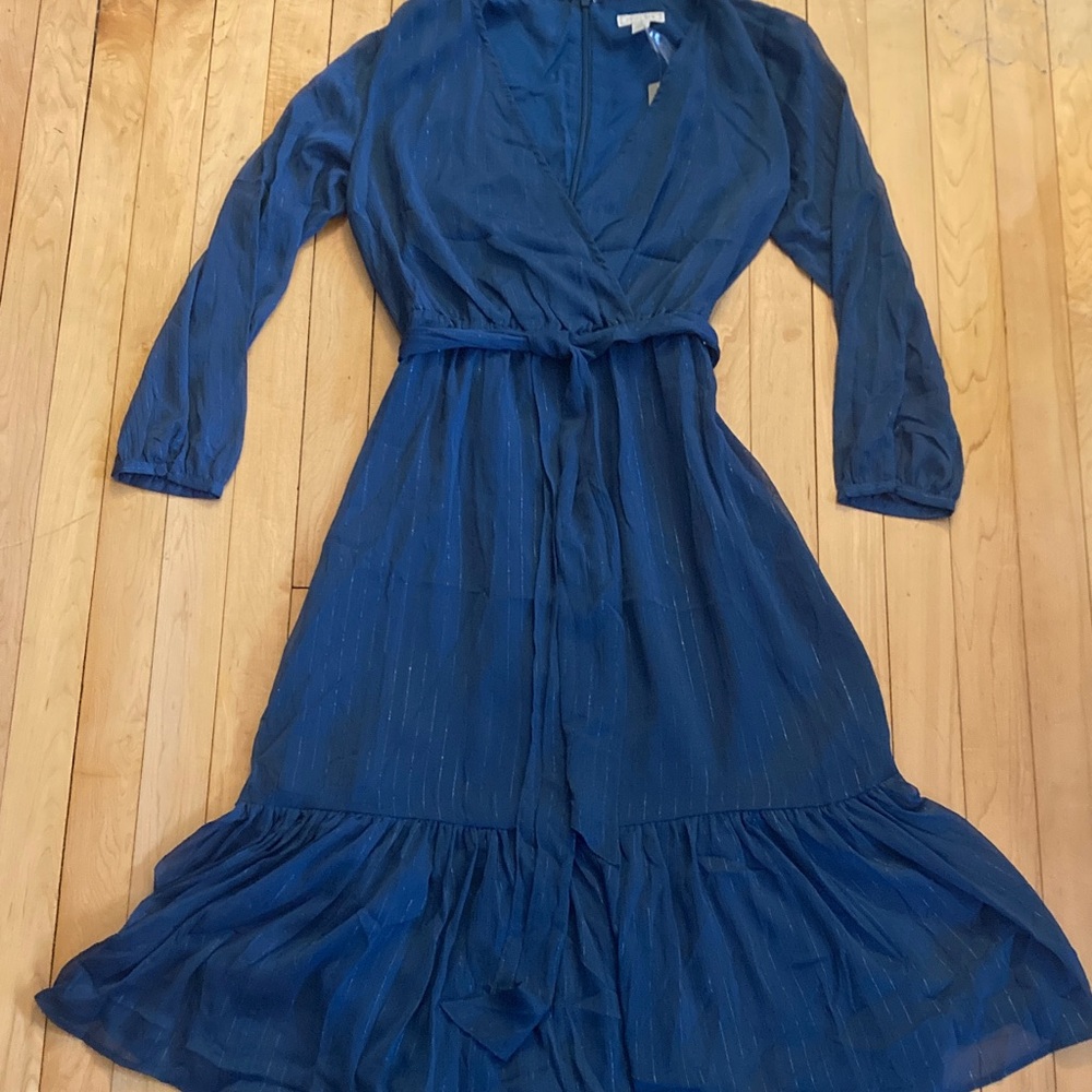 Point Sur Elegant Blue Wrap Dress w/ Shiny pinstripe detail